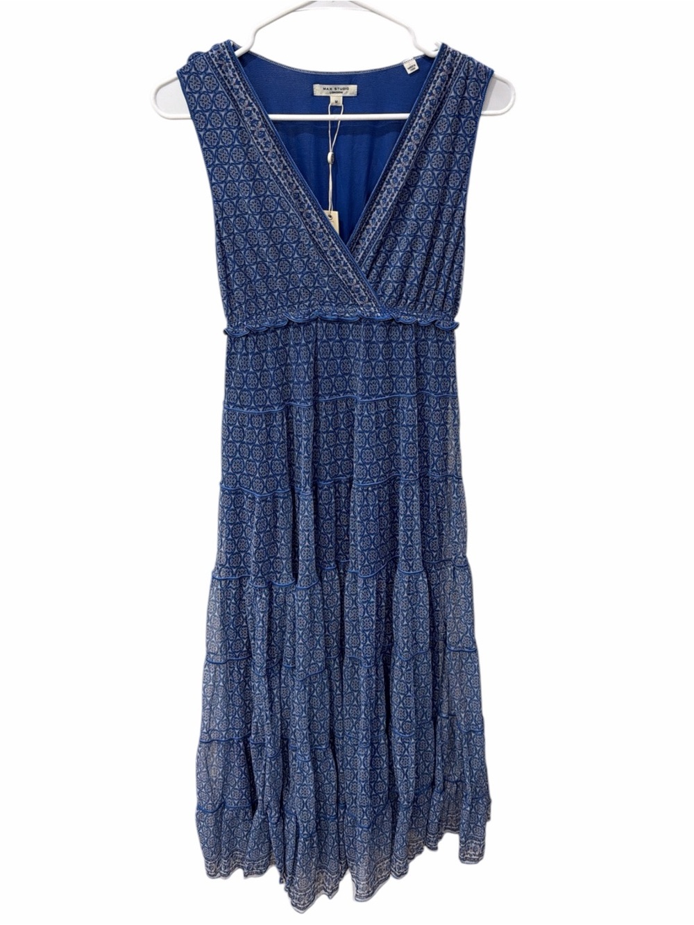 Max Studio London Sleeveless Faux Wrap Midi Dress Blue Geometric Print NWT M - Picture 2 of 8